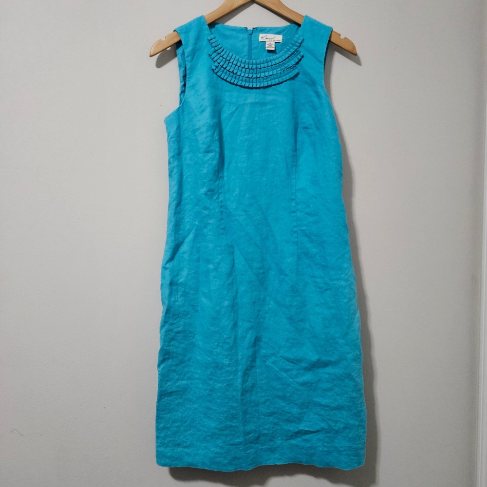 Kim Rogers Women Turquoise Blue 100% Linen Ruffle Neck Sheath Dress Size 8